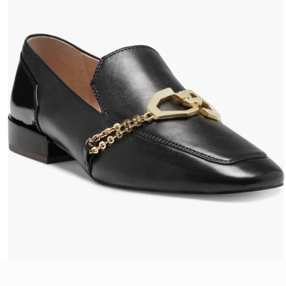 Black Leather Loafers with Gold Chain Detail